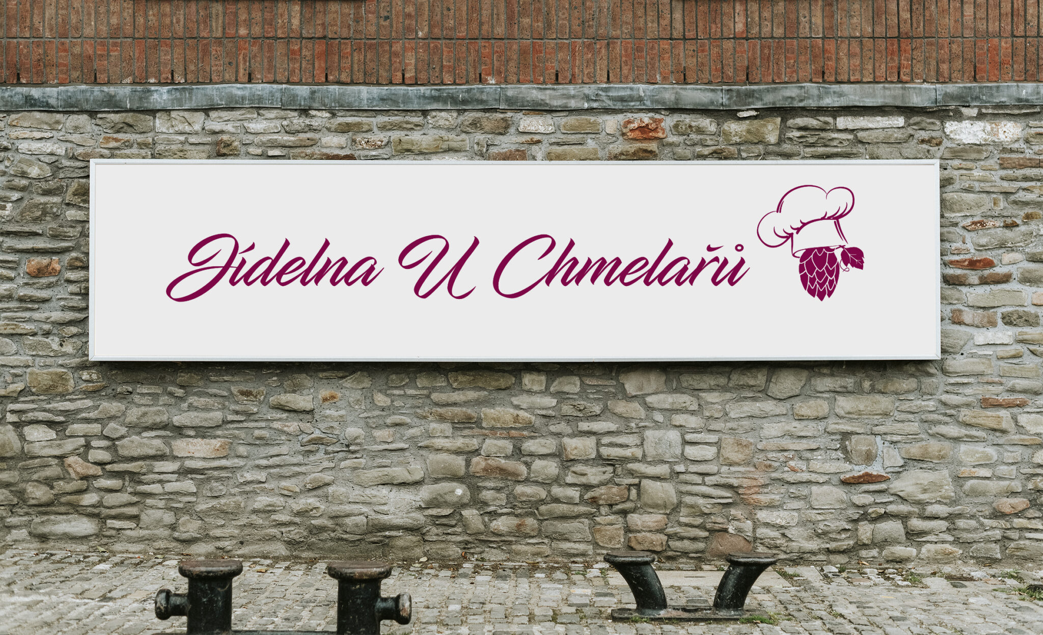 Rectangular public signage mockup on a brick wall